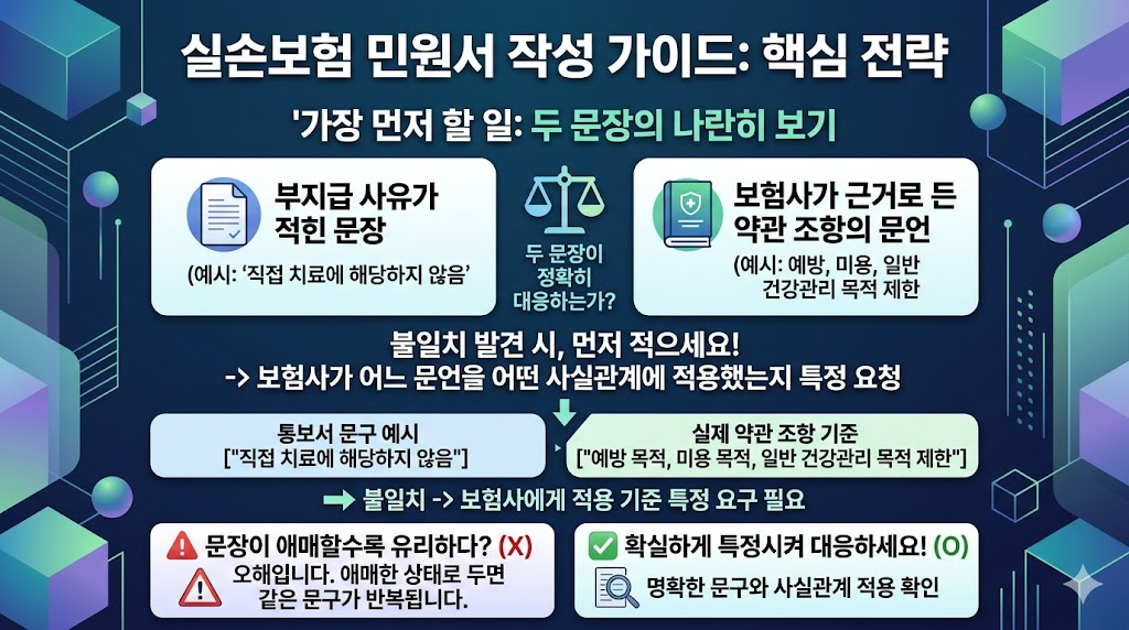 부지급 사유 문구와 보험 약관 조항을 비교하여 불일치를 확인하는 핵심 전략 설명 이미지