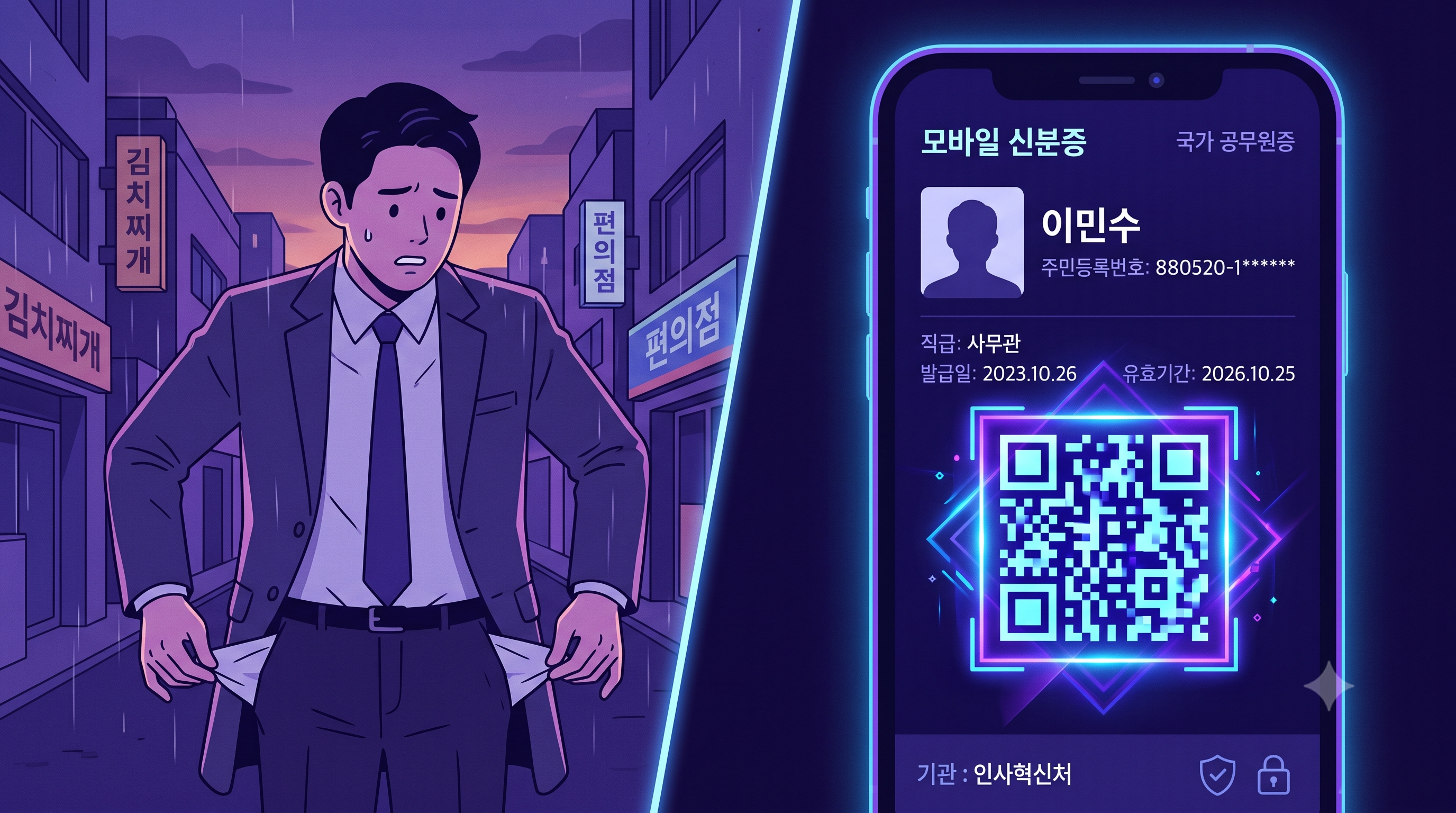 마트폰 속 모바일 신분증 화면을 보여주는 사람과 빈 지갑을 뒤지는 모습이 대비된 일러스트