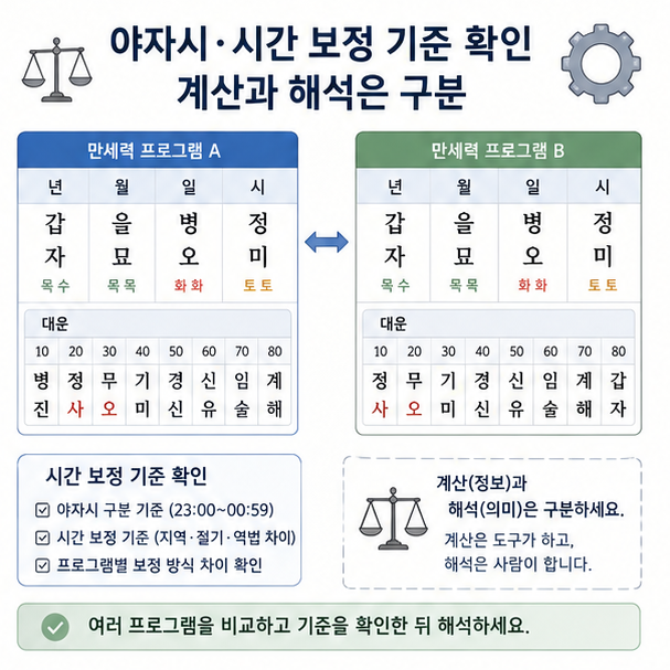 서로 다른 만세력 설정과 야자시&middot;시간 보정 기준을 비교하는 이미지