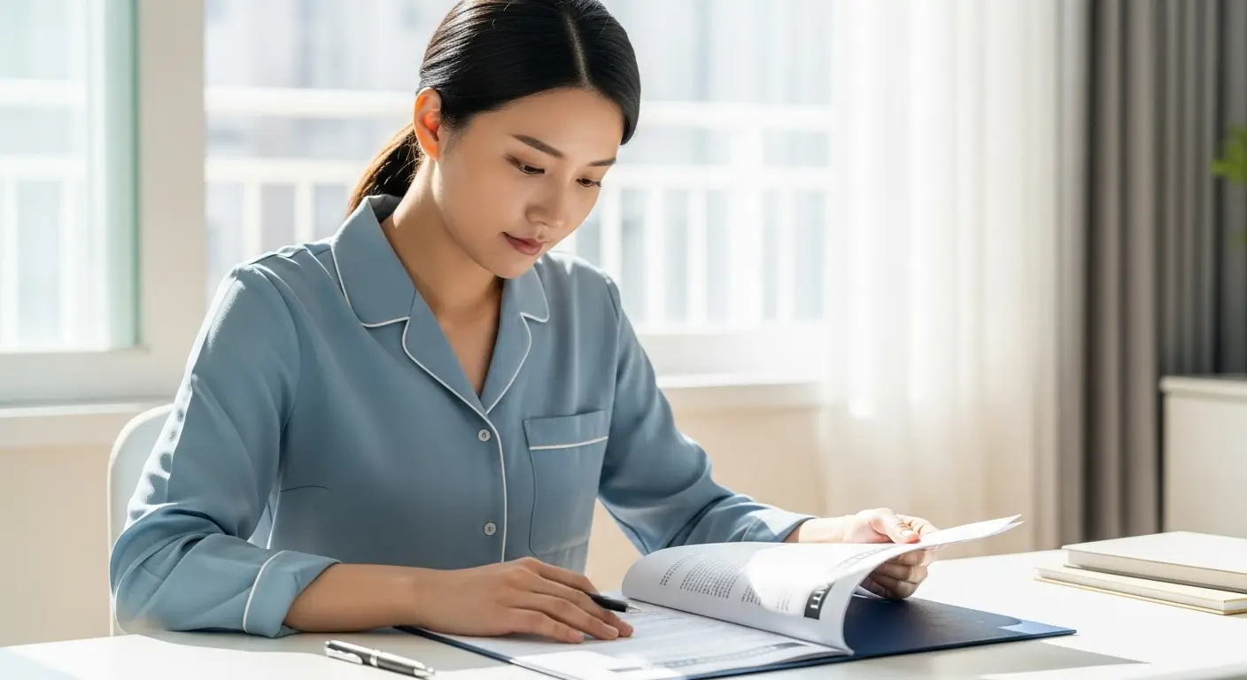 밝은 표정의 한국인 사용자가 대출 계약서를 신중하게 검토하며 서명하는 모습