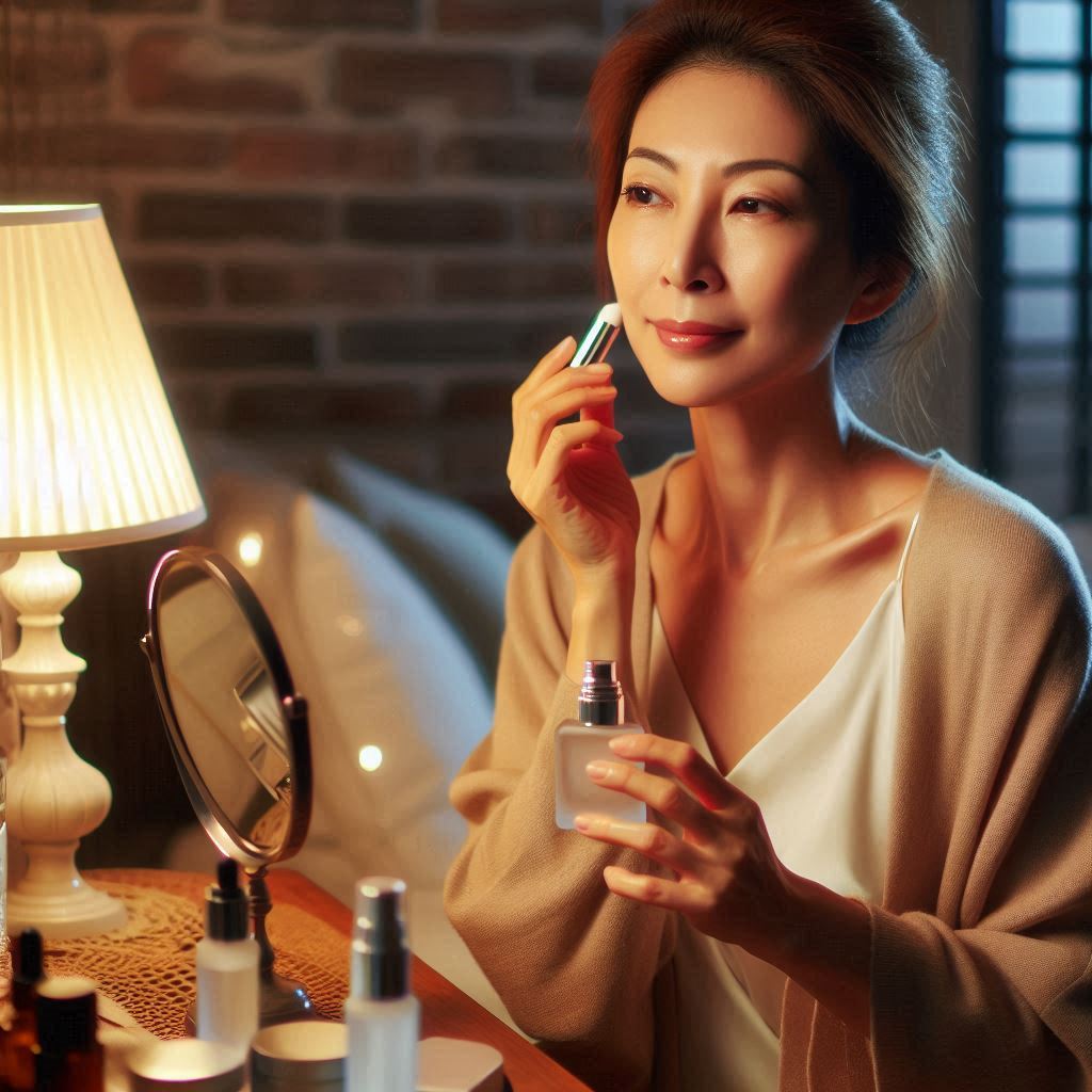 화장대 앞에서 에센스를 바르는 40대 아시아 여성