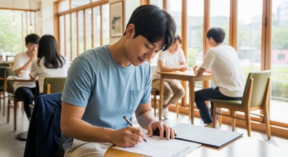 어린이와 청소년이 함께 책상에서 공부하는 모습, 밝은 분위기