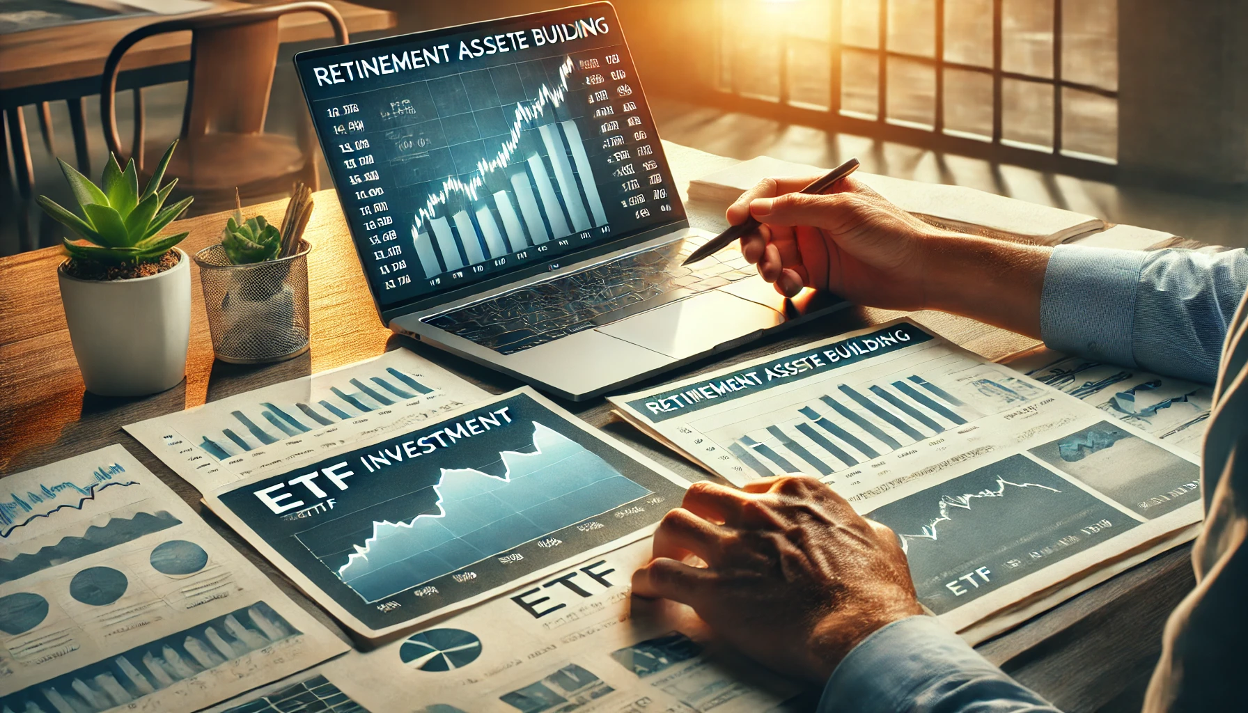 노트북 화면에 ETF 투자 차트와 금융 성장 데이터가 표시된 사무실
