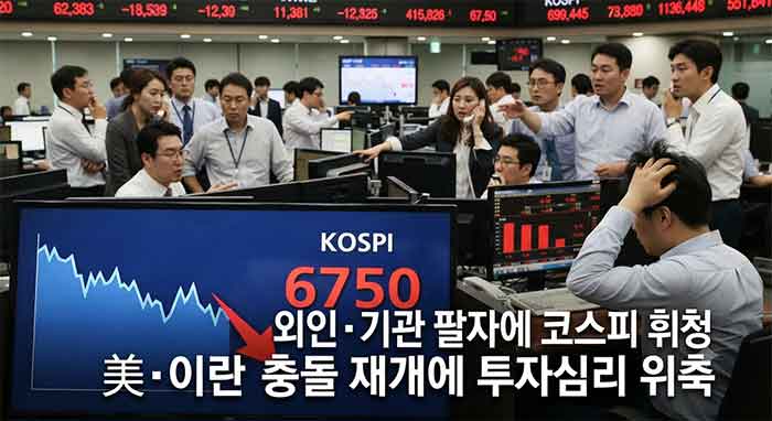 외인과 기관의 매도 및 미국·이란 충돌로 6750선까지 하락한 코스피 시장.