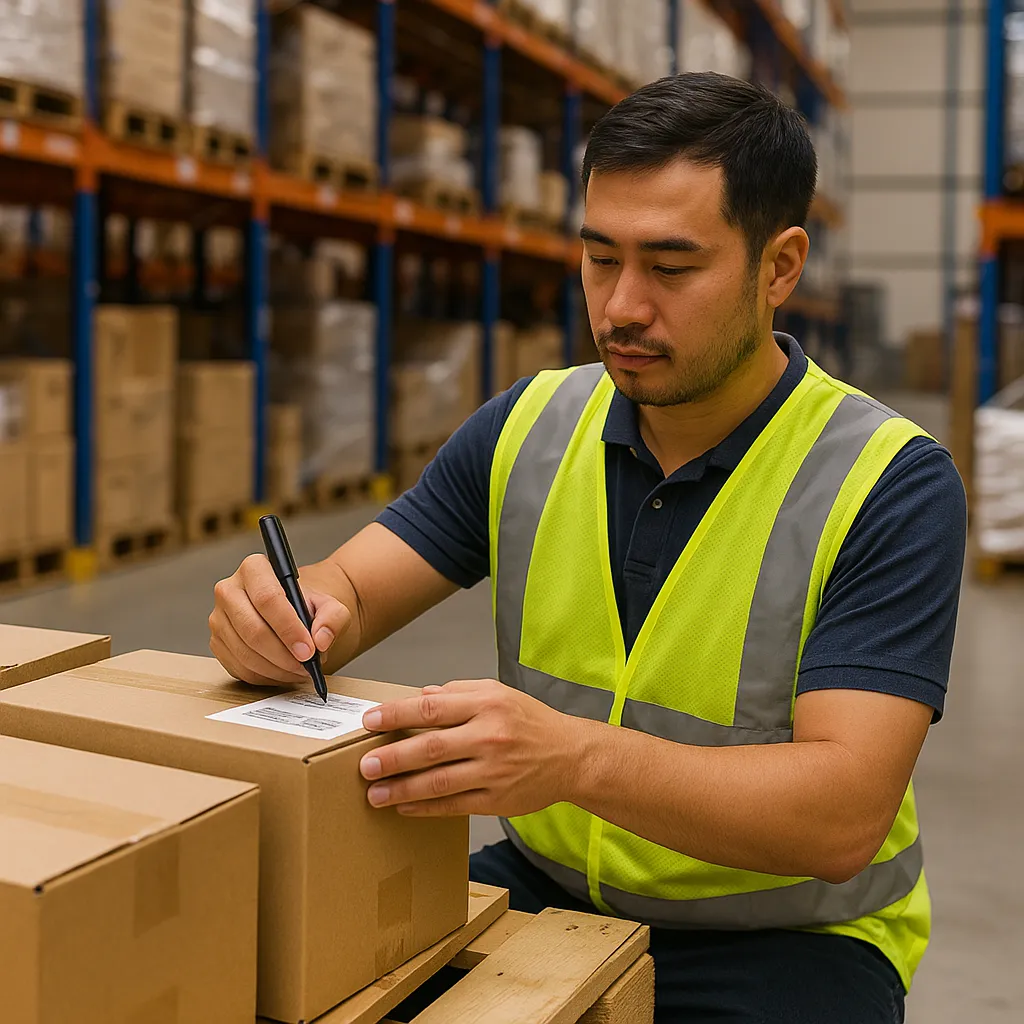 창고에서 박스에 라벨을 붙이는 주말 물류 아르바이트 장면
