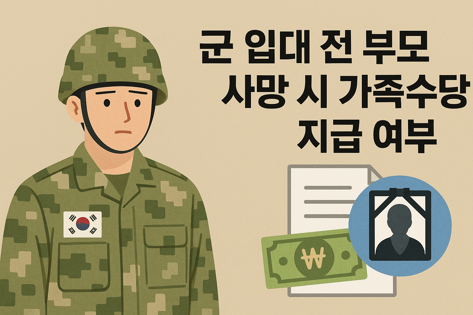 한국어 대체 텍스트: 군복을 입은 한국 병사가 근엄한 표정으로 서 있고, 옆에는 '군 입대 전 부모 사망 시 가족수당 지급 여부'라는 문구와 함께 서류, 영정 사진 아이콘, 그리고 돈을 상징하는 그림이 나란히 배치된 인포그래픽 스타일 일러스트.
