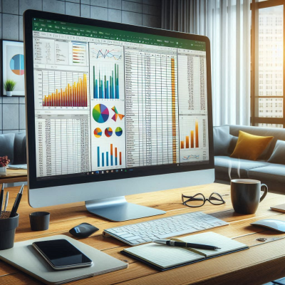 여러 개의 데이터 시각화 그래프가 나타난 화면, 엑셀 스프레드시트와 차트를 분석하는 모습입니다.