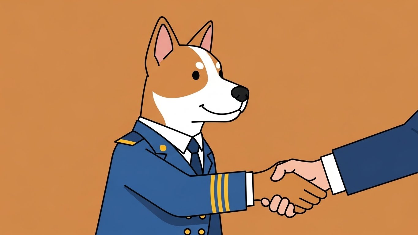 악수를 하며 신뢰를 보여주는 충직한 개 캐릭터의 2D 플랫 벡터 일러스트