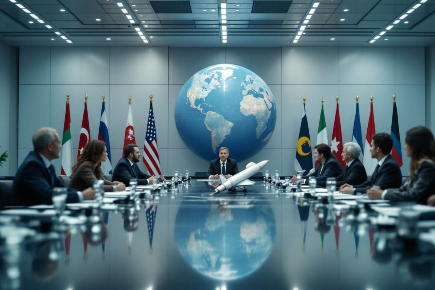 우주 패권 전략을 논의 중인 국제 회의. 테이블 중심에 지구 모형과 우주선 모형이 있으며, 각국의 대표들이 깃발과 함께 자리 잡고 있다. 현대적이고 공식적인 분위기