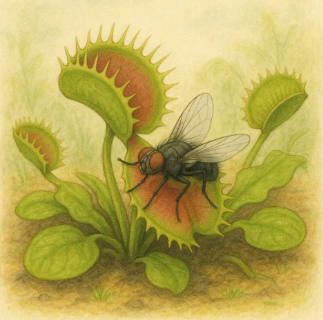 초록색 벌레잡이식물이 벌어진 입처럼 생긴 잎을 통해 파리를 덮치려는 찰나의 모습