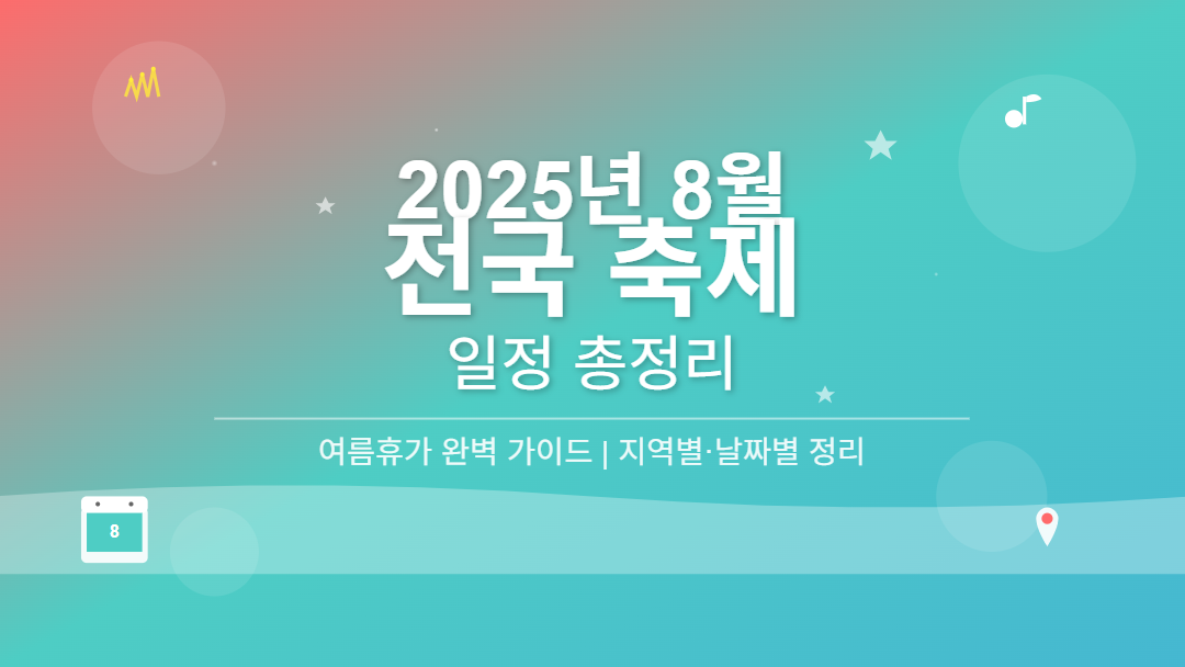 2025년 8월 전국 축제 일정을 정리한 썸네일 이미지. 화려한 그라데이션 배경에 불꽃, 음표, 물결 등 축제 관련 아이콘들과 함께 '2025년 8월 전국 축제 일정 총정리' 텍스트가 표시되어 있음. 여름휴가 축제 가이드 콘텐츠용 대표 이미지.