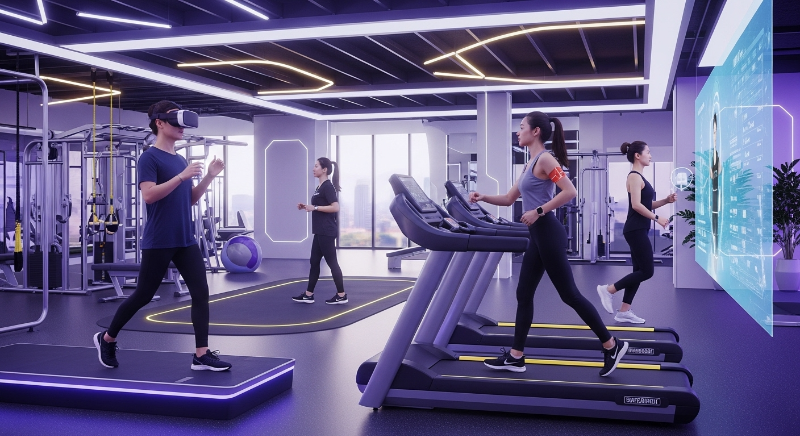 2025년 미래형 헬스장에서 VR 기기와 스마트워치, AI 앱을 활용하여 개인 맞춤 운동을 하는 사람들의 모습