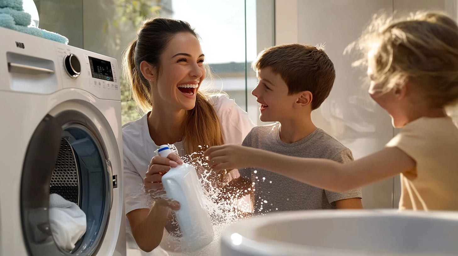 WF2522HDBBA 세탁기의 자동 세제 투입기와 사용자 친화적인 인터페이스 사용을 즐기는 가족의 모습