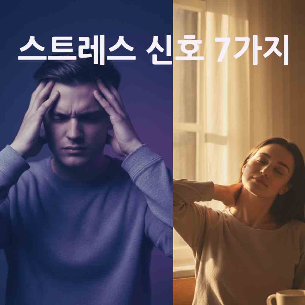 스트레스 받는 남녀의 이미지 사진에 썸네일 문구 스트레스신호7가지