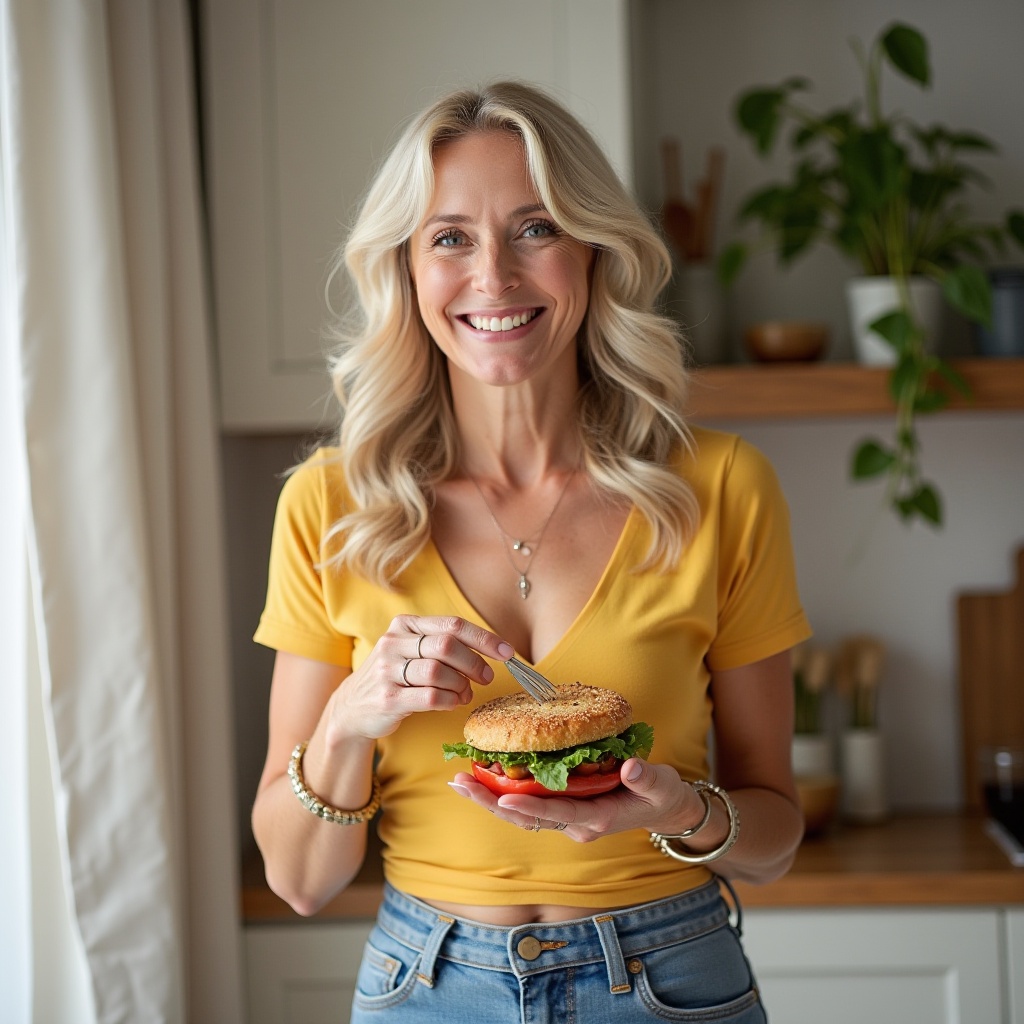 음식을 들고 해맑게 웃고있는 중년여성의 모습