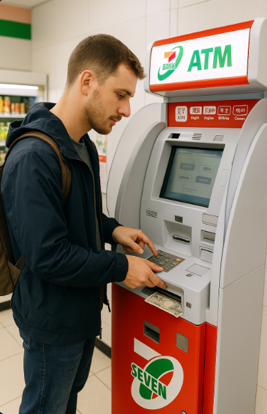외국인이 일본 ATM에서 현금을 인출하는 모습입니다.