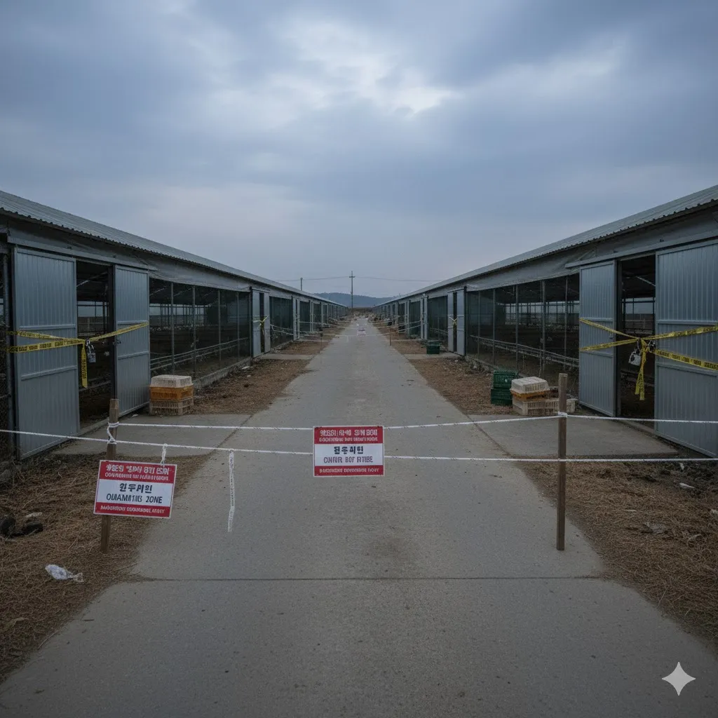넓은 양계 농장이지만 닭들이 보이지 않고, 적막감이 감도는 모습을 표현해 주세요. 굳게 닫힌 축사 문, 비어 있는 사육 시설, 그리고 간간이 보이는 출입 통제선이나 방역 안내문 등이 포함될 수 있습니다. 전체적으로 채도가 낮은 색감과 약간 어두운 조명을 사용하여 침체된 분위기를 강조하고, 농장의 한적한 모습이 대조되어 쓸쓸함을 느끼게 합니다.