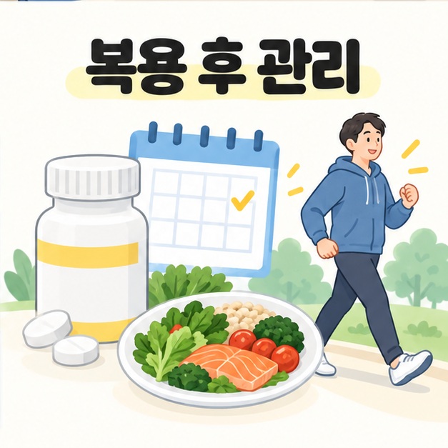 약물치료 후 검사 일정과 식사 및 운동 관리를 확인하는 그림