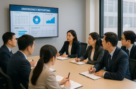 공직자들이 회의실에서 긴급 보고 매뉴얼을 검토하는 회의 장면 이미지