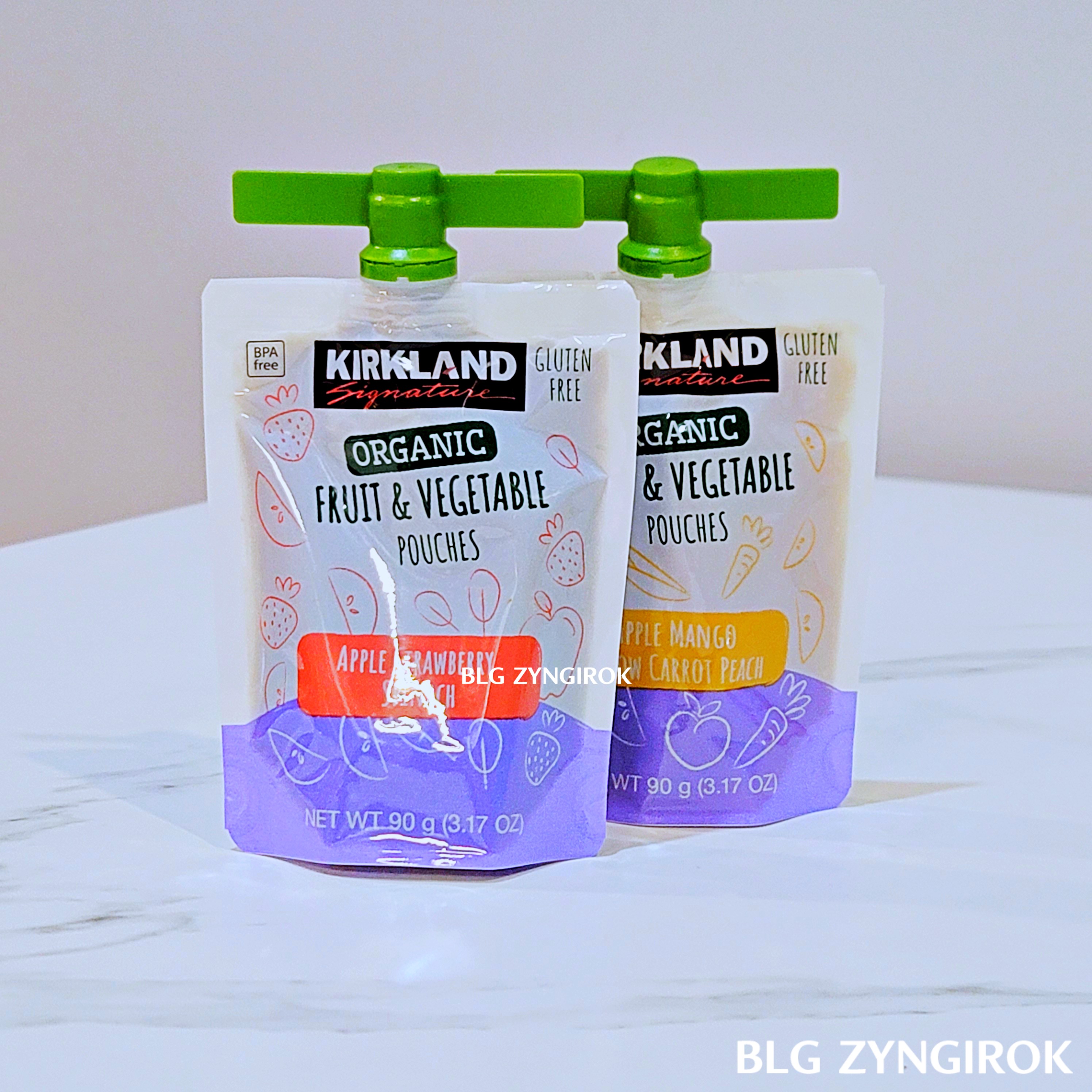 코스트코 커클랜드 후룻 베지 파우치 - 빨강파우치와 노랑파우치가 테이블 위에 놓여있다.