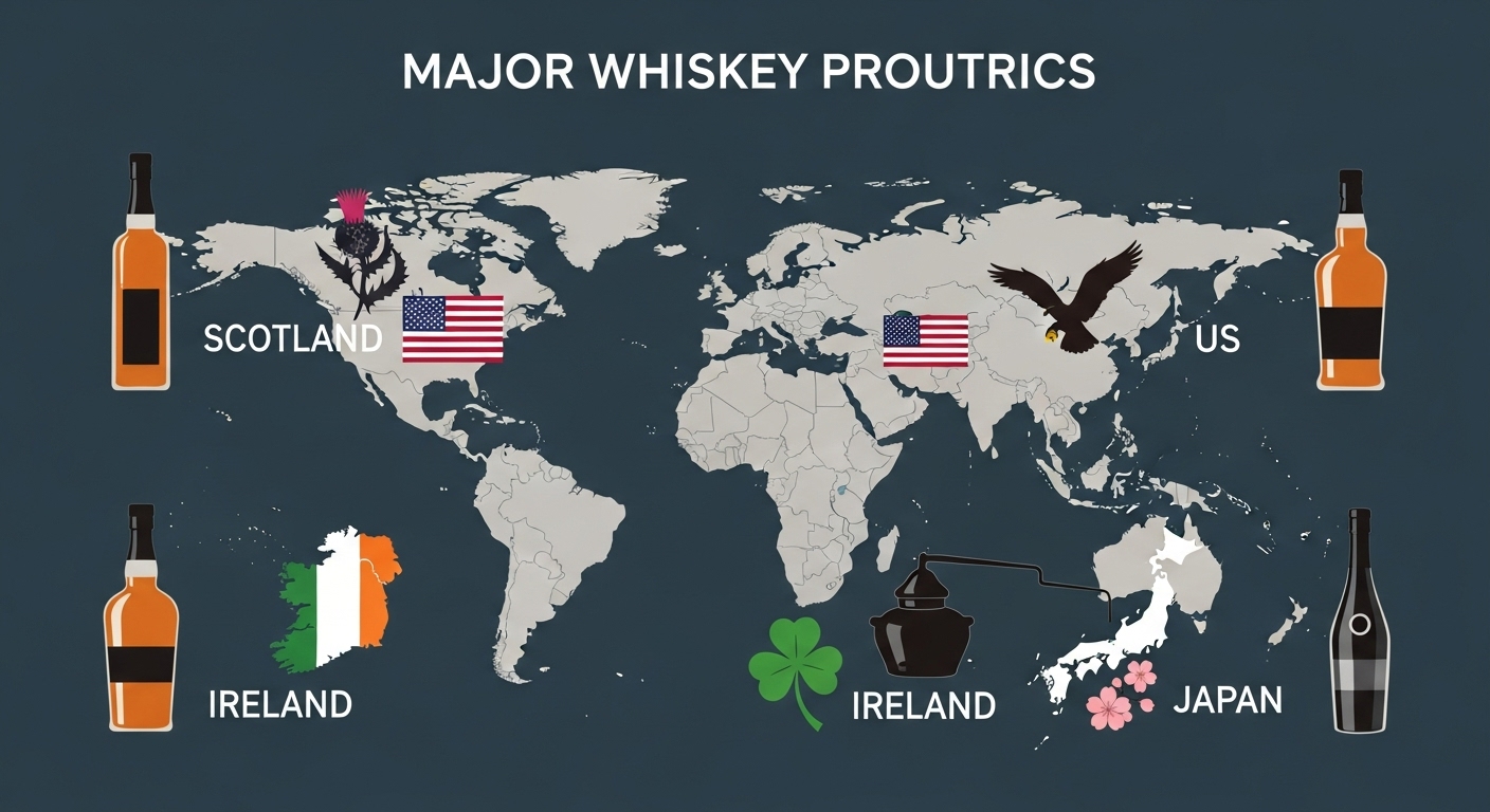 주요 위스키 생산국을 표시한 세계 지도 인포그래픽