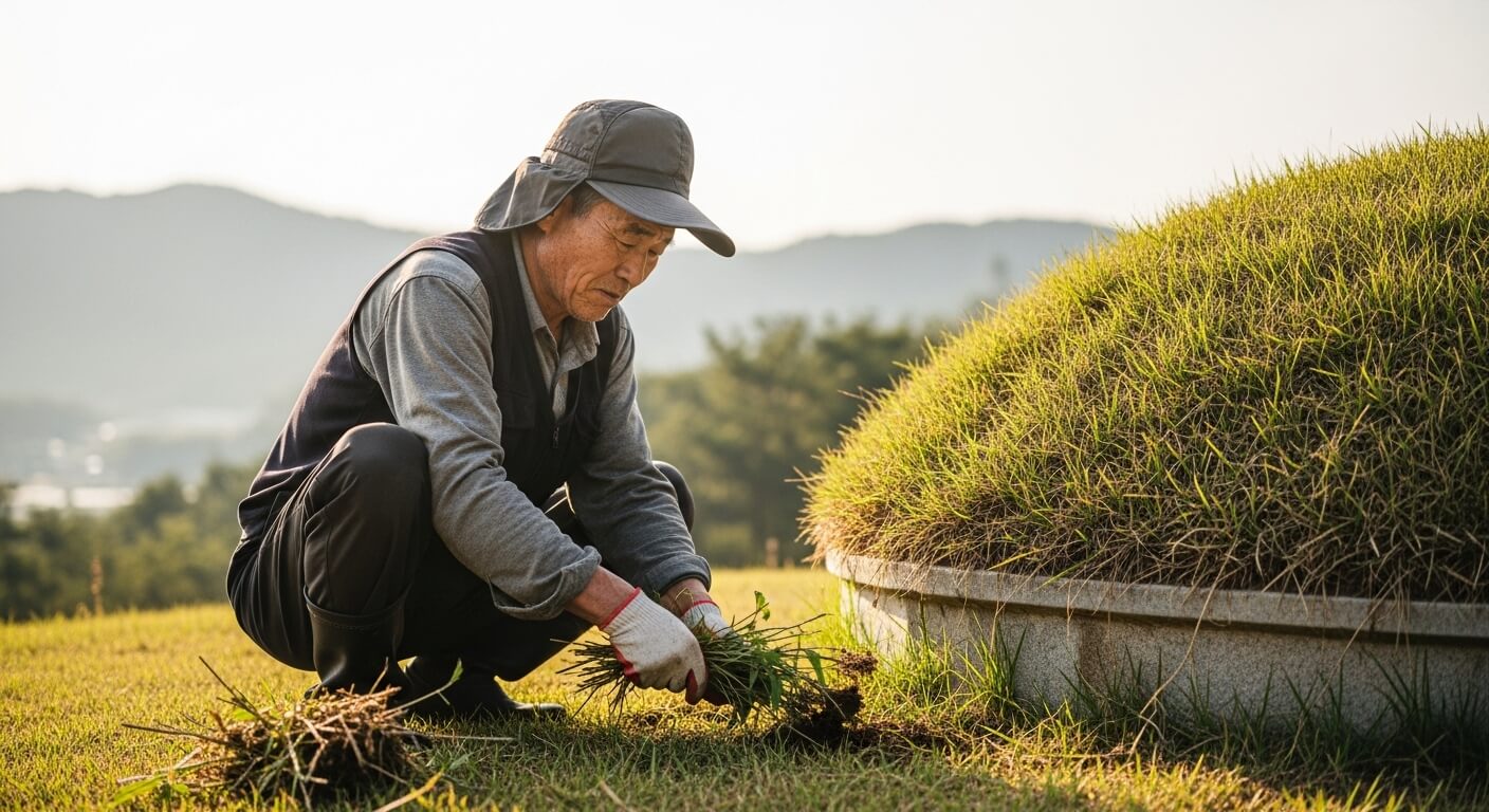 노인이 성묘지 풀을 뽑아 한데 모으는 모습