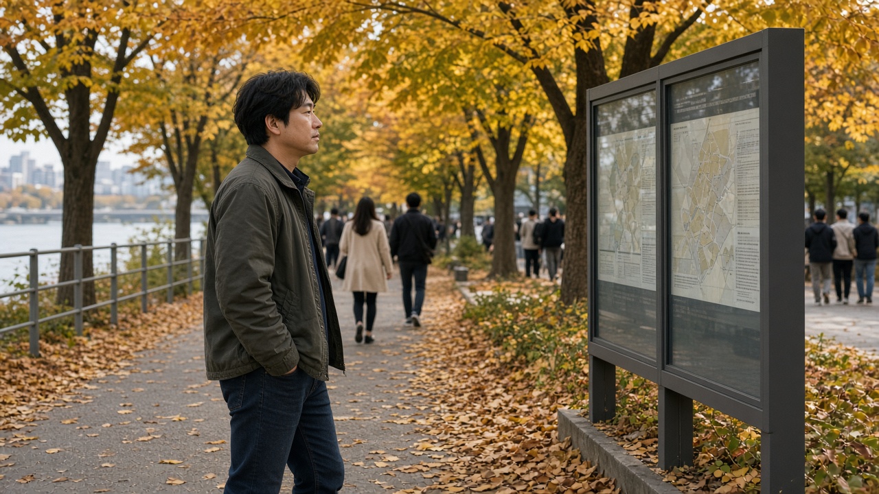 한강변 산책로를 걸으며 행사 안내판을 보는 30대 한국인 남성