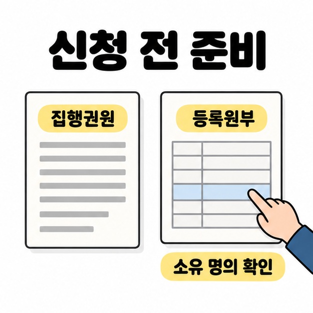 집행권원과 등록원부 서류를 나란히 놓고 등록원부의 한 행을 손가락으로 가리키며 소유 명의 확인을 안내한 그림