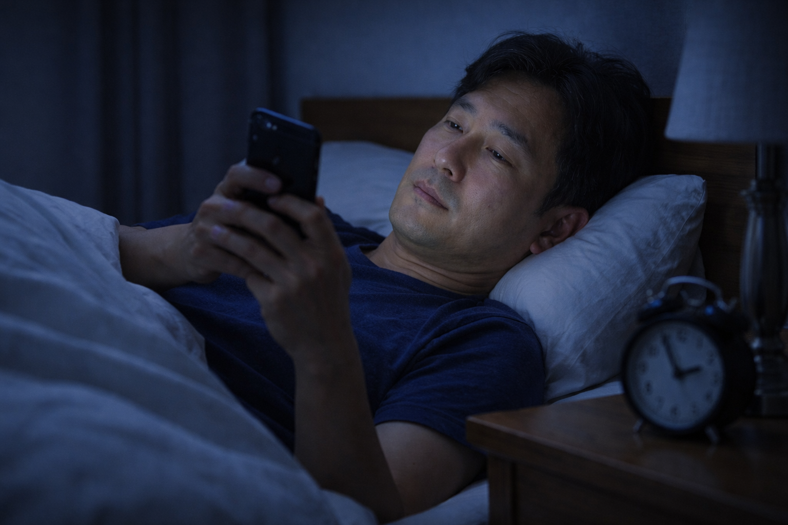 밤에 침대에서 스마트폰을 사용하고 있는 40대 남성