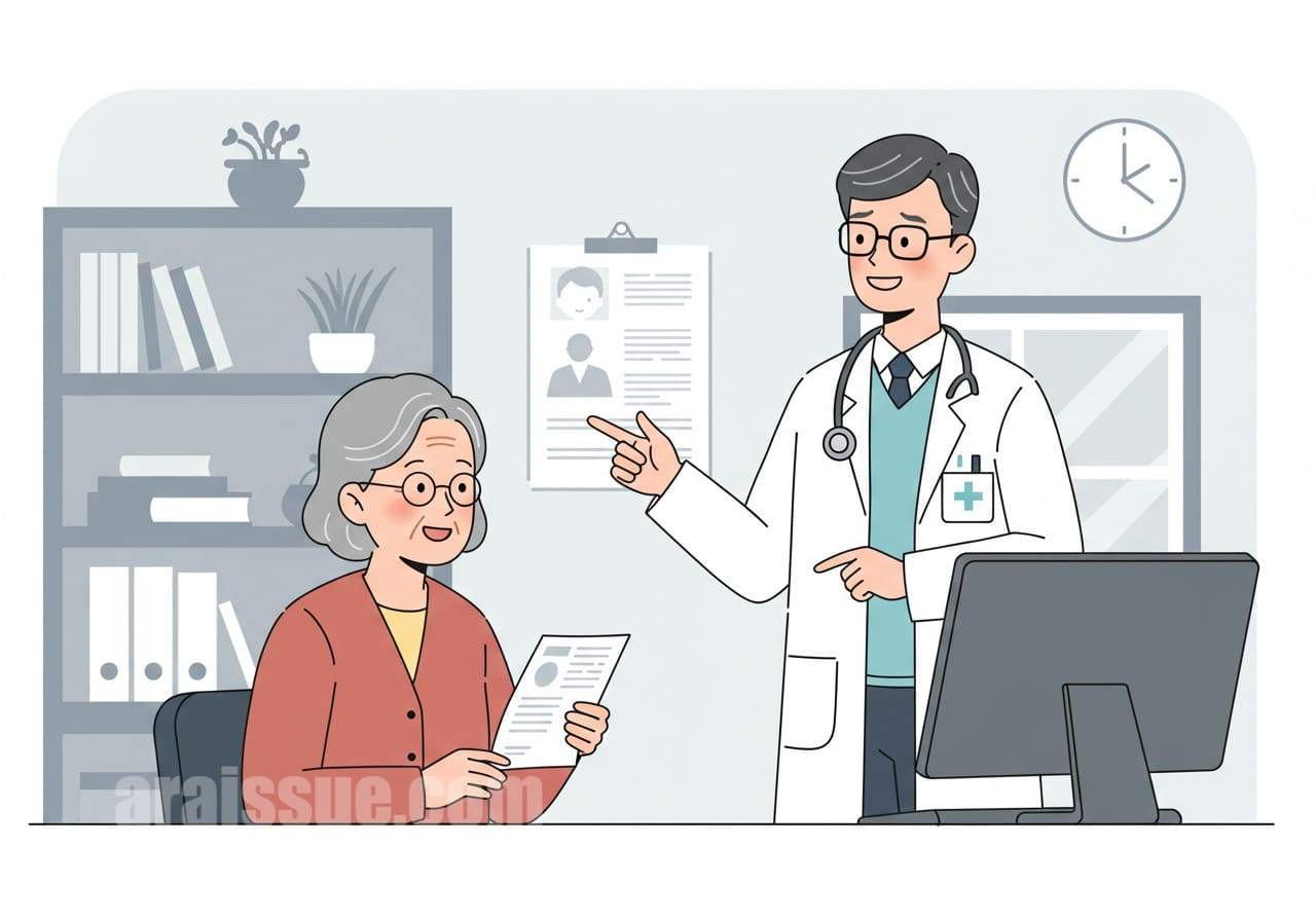 진료실에서 요양비 신청 절차를 설명 듣는 60대 여성