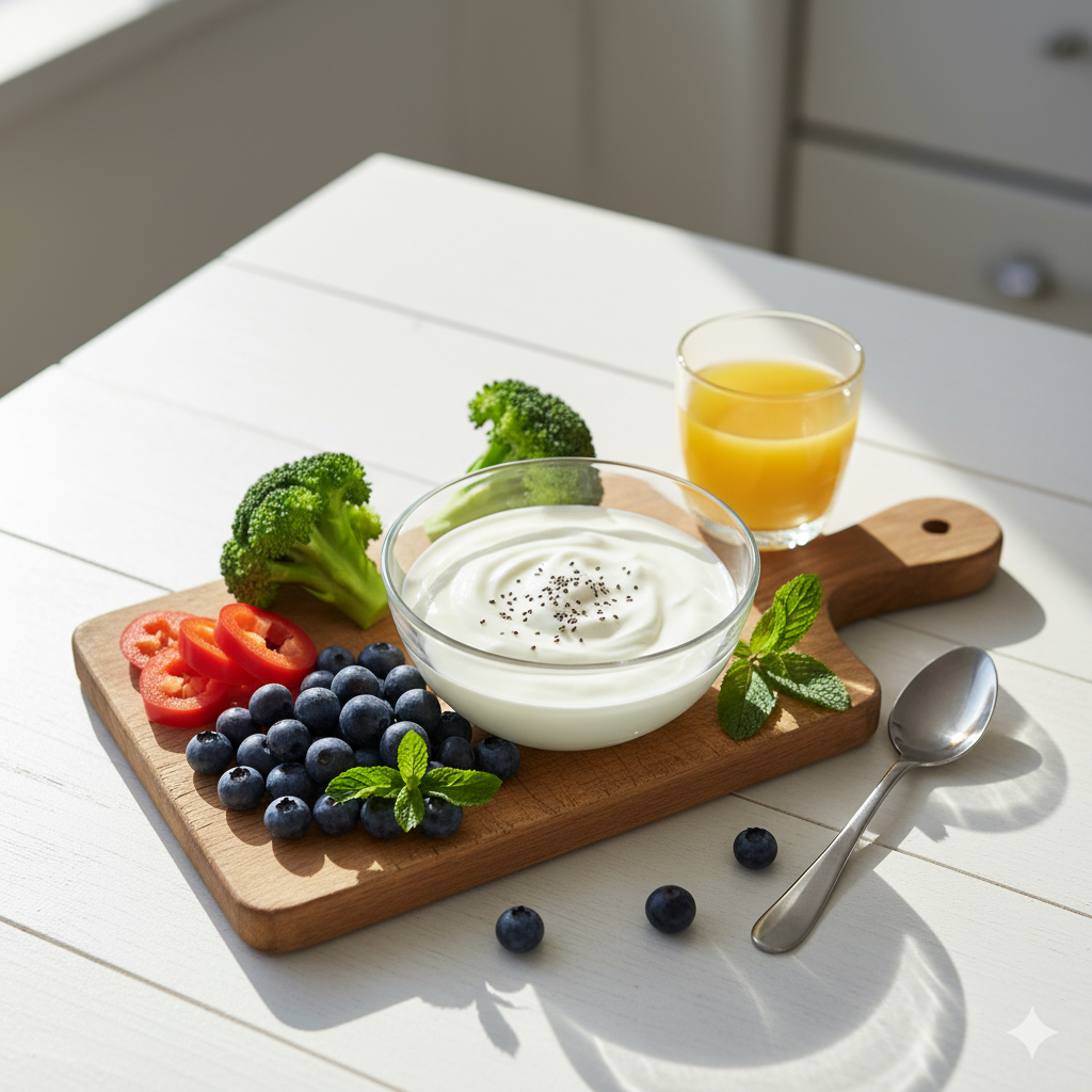 아침 햇살 아래 식탁에 놓인 요거트, 브로콜리, 파프리카 등 건강한 식재료 (장 건강)