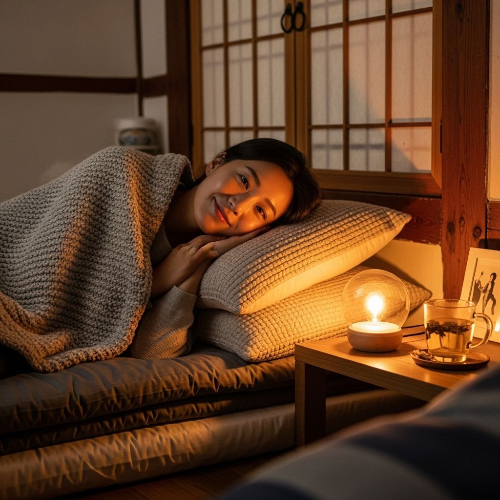 서울윈터페스타 청계천&amp;#44; 이불 속에서 불빛을 보고 있는 여성