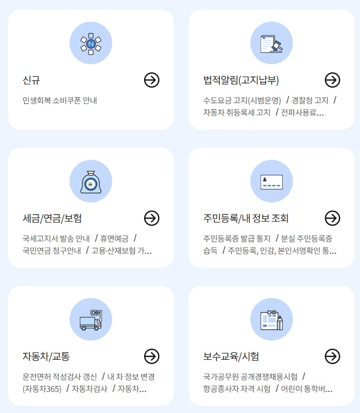 국민비서에서 제공하는 알림 종류별 분류 화면