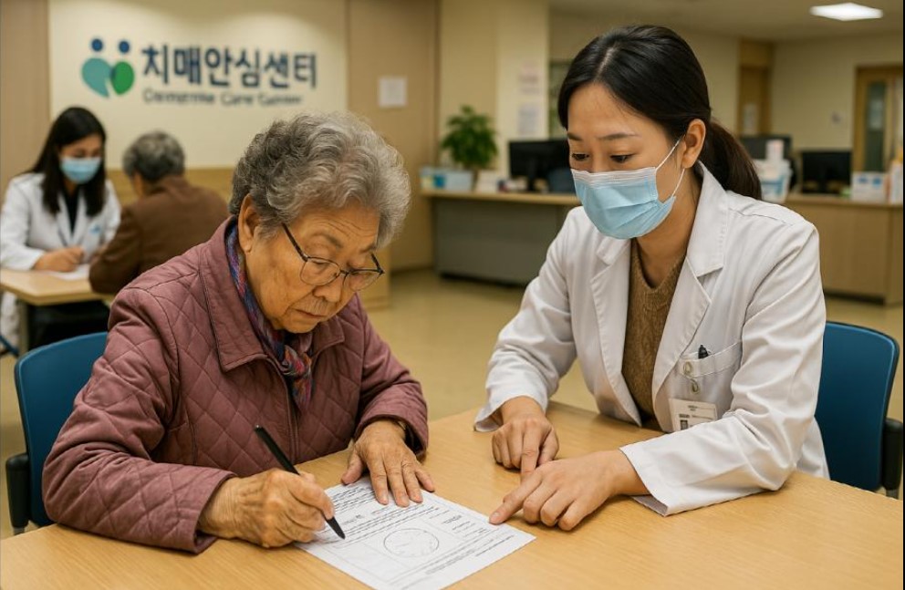 연세드신 할머니께서 치매안심센터에서 검진을 받고 계시는 그림