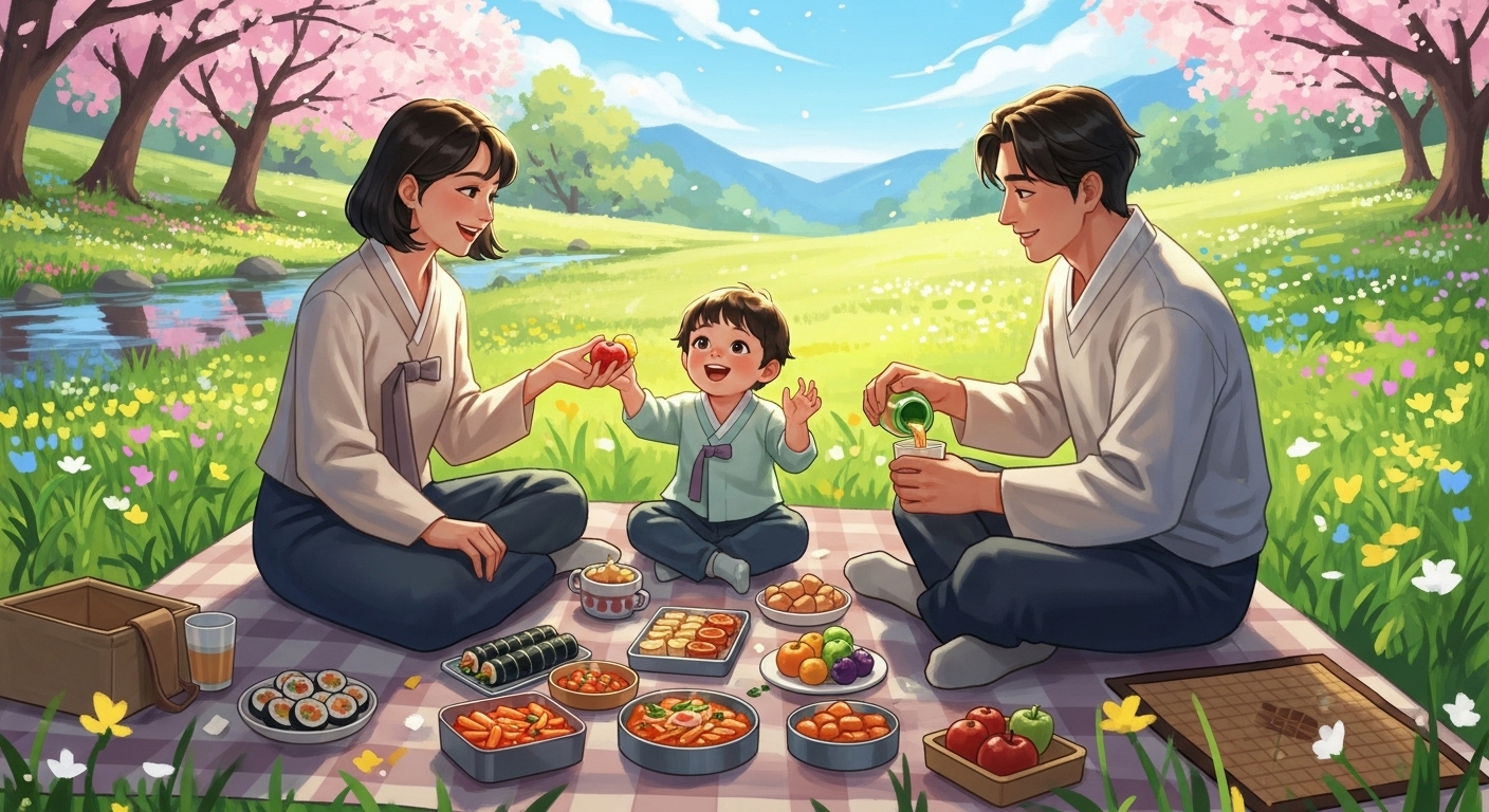 화창한 5월, 푸른 공원에서 피크닉을 즐기는 행복한 가족의 모습