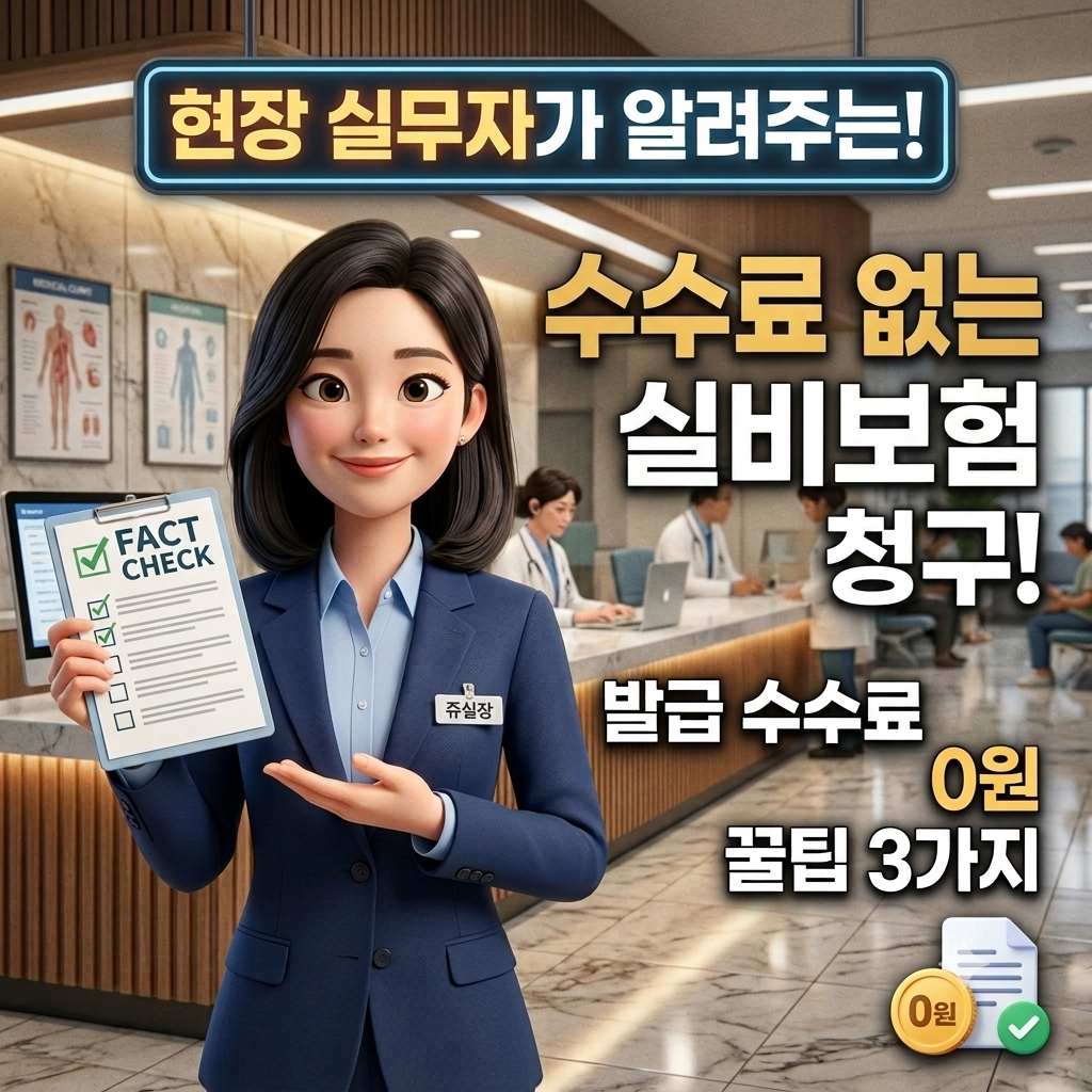 이미지 내용: "11년 차 병원 실무자" 쥬실장의 팩트체크 이미지. 병원 데스크를 배경으로 단정한 네이비 정장을 입은 여성이 'FACT CHECK'가 적힌 클립보드를 들고 있다.
텍스트 정보" 우측에는 "현장 실무자가 알ㄹ주는! 수수료 없는 실비보험 청구! 발급 수수료 0월 꿀팁 3가지"라는 묵구가 명시되어 있다.
실무자 코멘트: 현장에서 가장 많이 듣는 질문인 '실비 서류'와 '발급 수수료' 문제를 실무자의 관점에서 명쾌하게 정리해 준다는 신뢰감을 주는 썸네일 이미지.