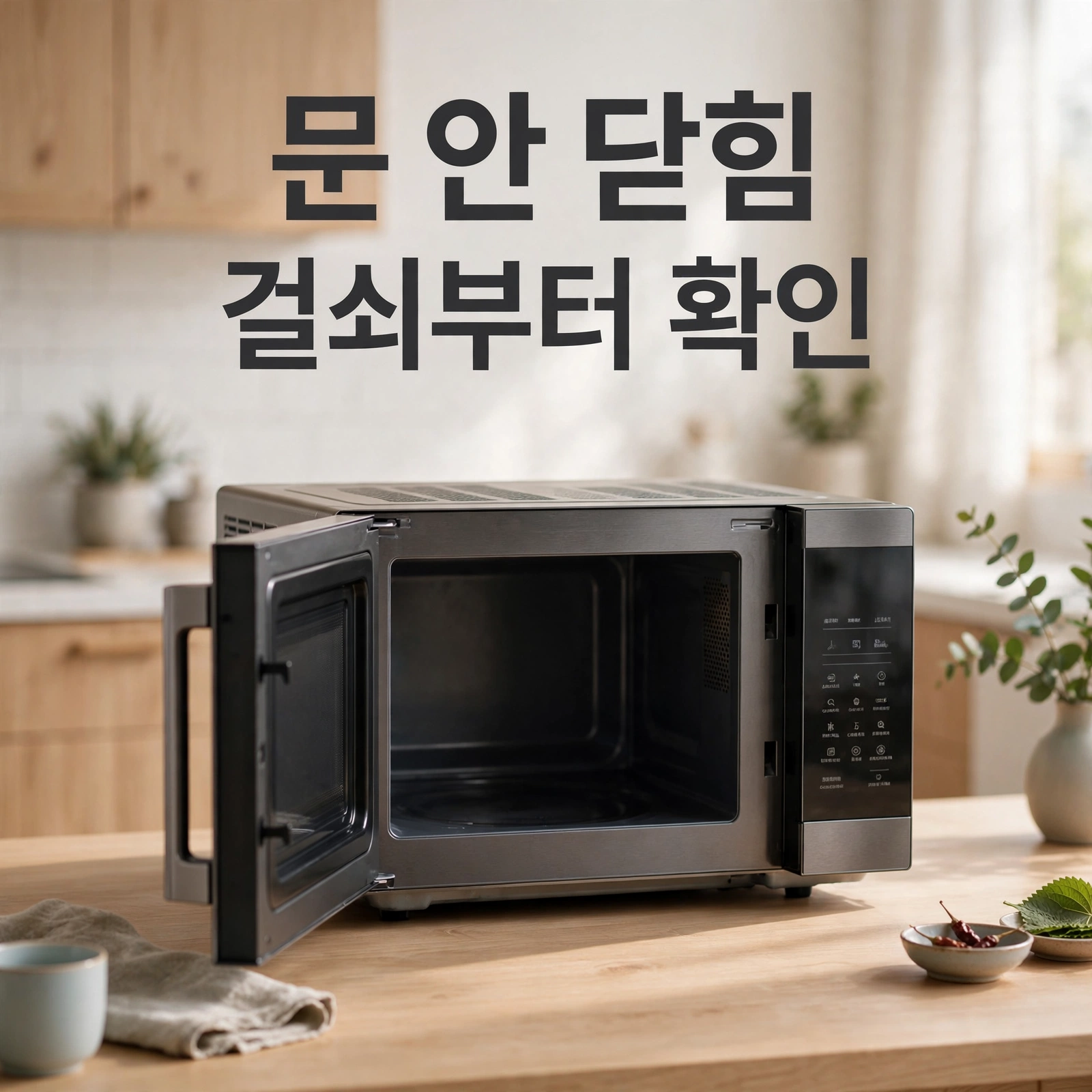 전자레인지와 '문 안 닫힘 · 걸쇠부터 확인' 썸네일 문구 이미지