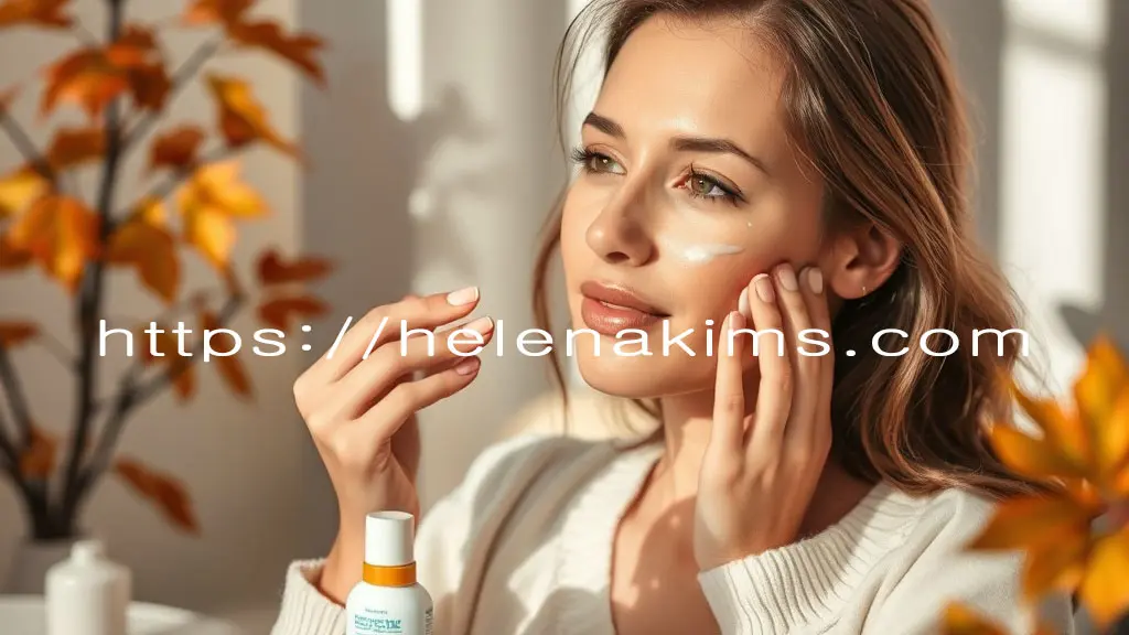 환절기 부드러운 자연광 아래, 건강하고 촉촉한 피부를 가진 젊은 여성이 보습제를 부드럽게 바르고 있습니다