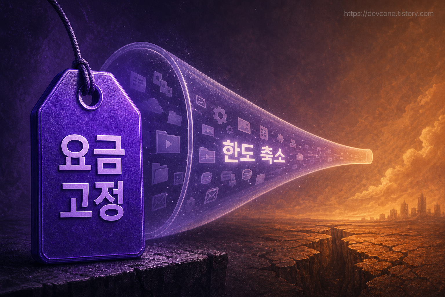 고정된 구독료 숫자 뒤로 한도 게이지가 좁아지는 은유를 담은 질감 일러스트