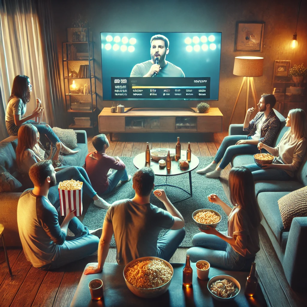 친구와 가족이 소파와 바닥에서 OTT 콘텐츠에 집중하며 편안한 분위기를 연출하는 모습.