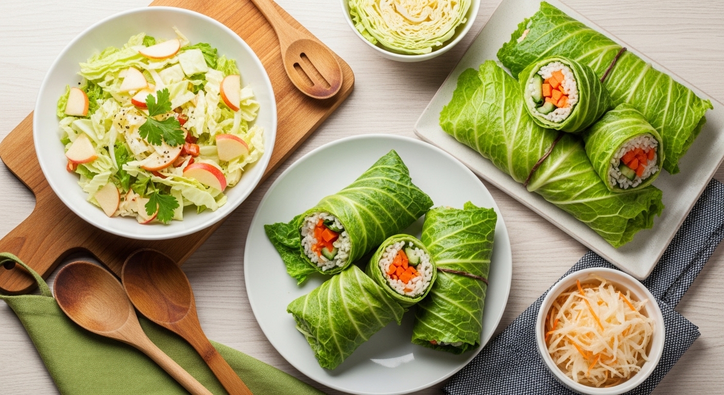 신선한 양배추 샐러드, 양배추 쌈, 사우어크라우트 등 다양한 양배추 요리가 담긴 식탁 풍경