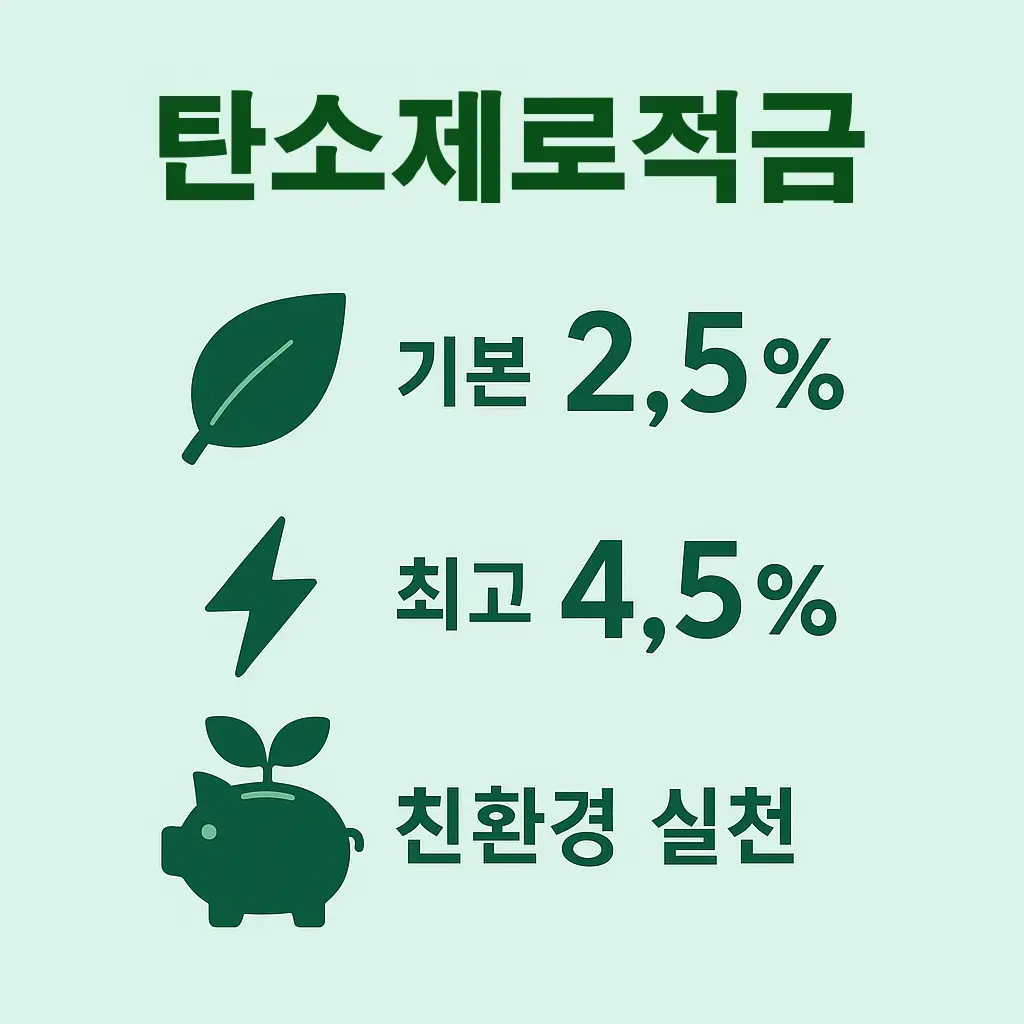 기업은행 적금 상품 TOP 4 비교 중 탄소제로적금의 기본금리 2.5%, 최고금리 4.5%와 친환경 실천 혜택을 설명한 인포그래픽