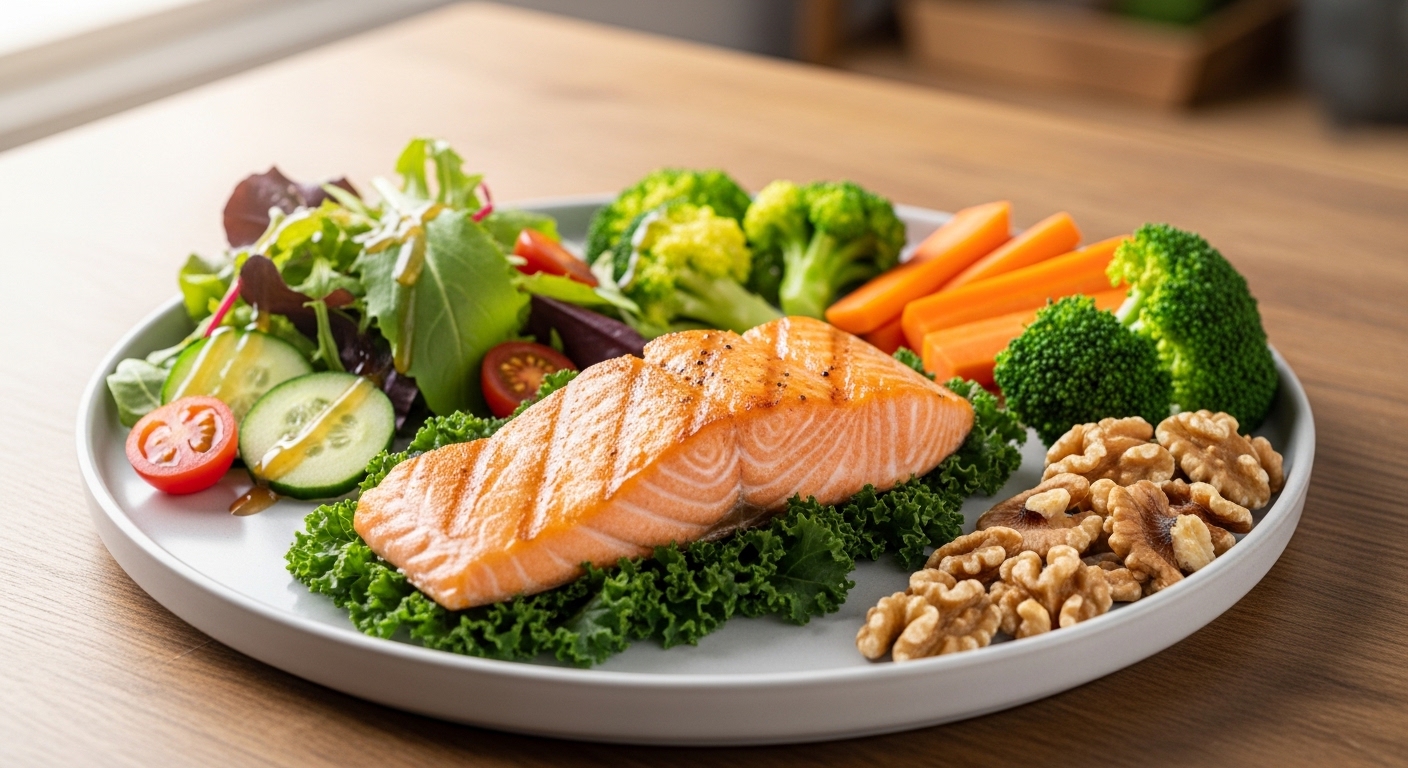 텍스트 없이 신선한 채소, 연어, 호두가 정갈하게 차려진 밥상 사진