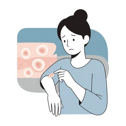 깔끔한 벡터 아트 스타일로 그린, 팔의 작은 혹을 걱정스럽게 바라보는 사람의 모습과 신경섬유종증을 상징하는 추상적인 피부 혹들.