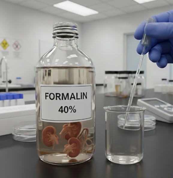 포르말린 용액이 담긴 조직 샘플을 보여주는 사진