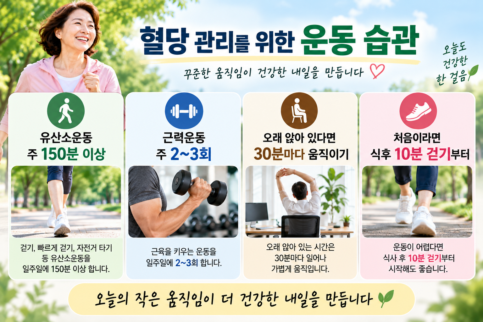 혈당 관리를 위한 운동 습관
🚶 유산소운동 주 150분 이상
🏋️ 근력운동 주 2~3회
🪑 오래 앉아 있다면 30분마다 움직이기
🍚 처음이라면 식후 10분 걷기부터