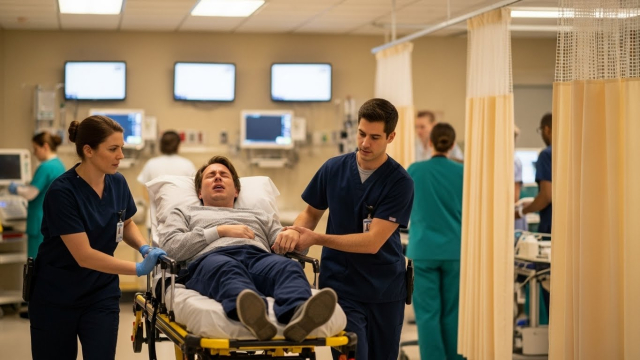 응급실에서 복부 통증을 호소하는 환자와 의료진을 보여주는 상황 그림