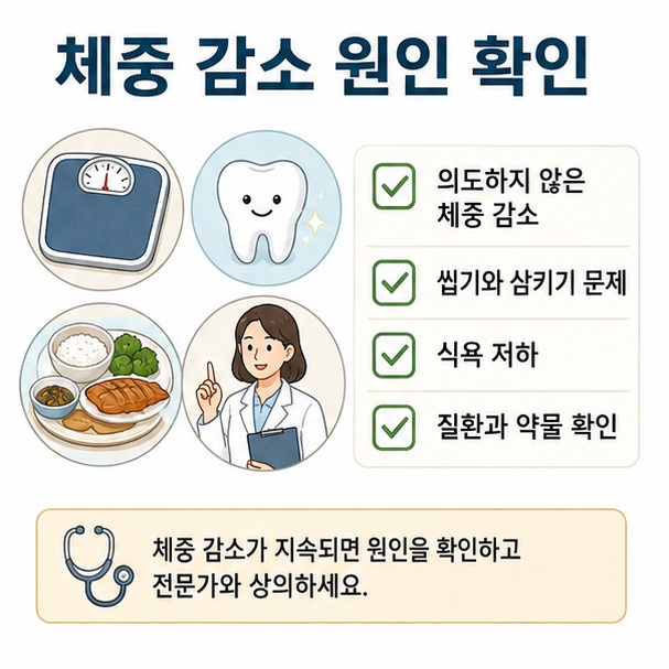 노인의 의도하지 않은 체중 감소가 있을 때 치아와 삼킴 문제, 식욕 저하, 질환과 약물을 확인하는 모습을 정리한 이미지