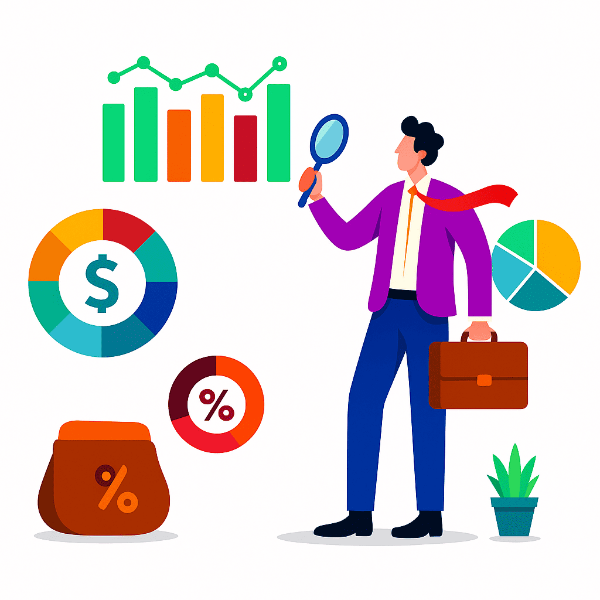 재무제표를 읽는 투자자가 돋보기를 들고 숫자들을 자세히 들여다보는 모습, 또는 나침반과 지도를 들고 기업의 길을 찾아가는 모습.