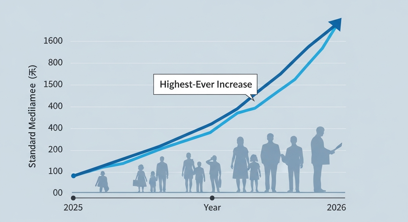 2025년 대비 2026년 기준중위소득의 역대 최대 인상률을 보여주는 상승 추세 그래프. 더 많은 사람들이 복지 혜택을 받을 수 있음을 시사.
